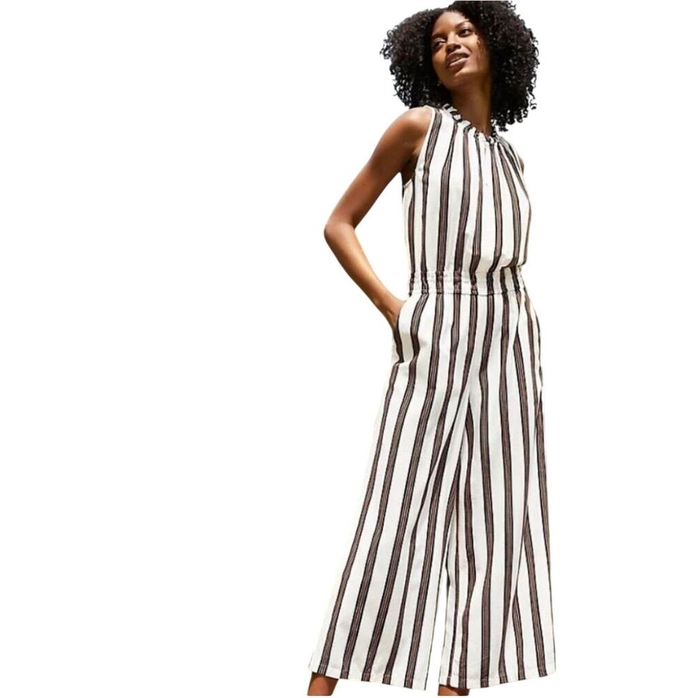 LOFT High Neck Sleeveless Multicolor Striped Cropped Wide Leg Jumpsuit
